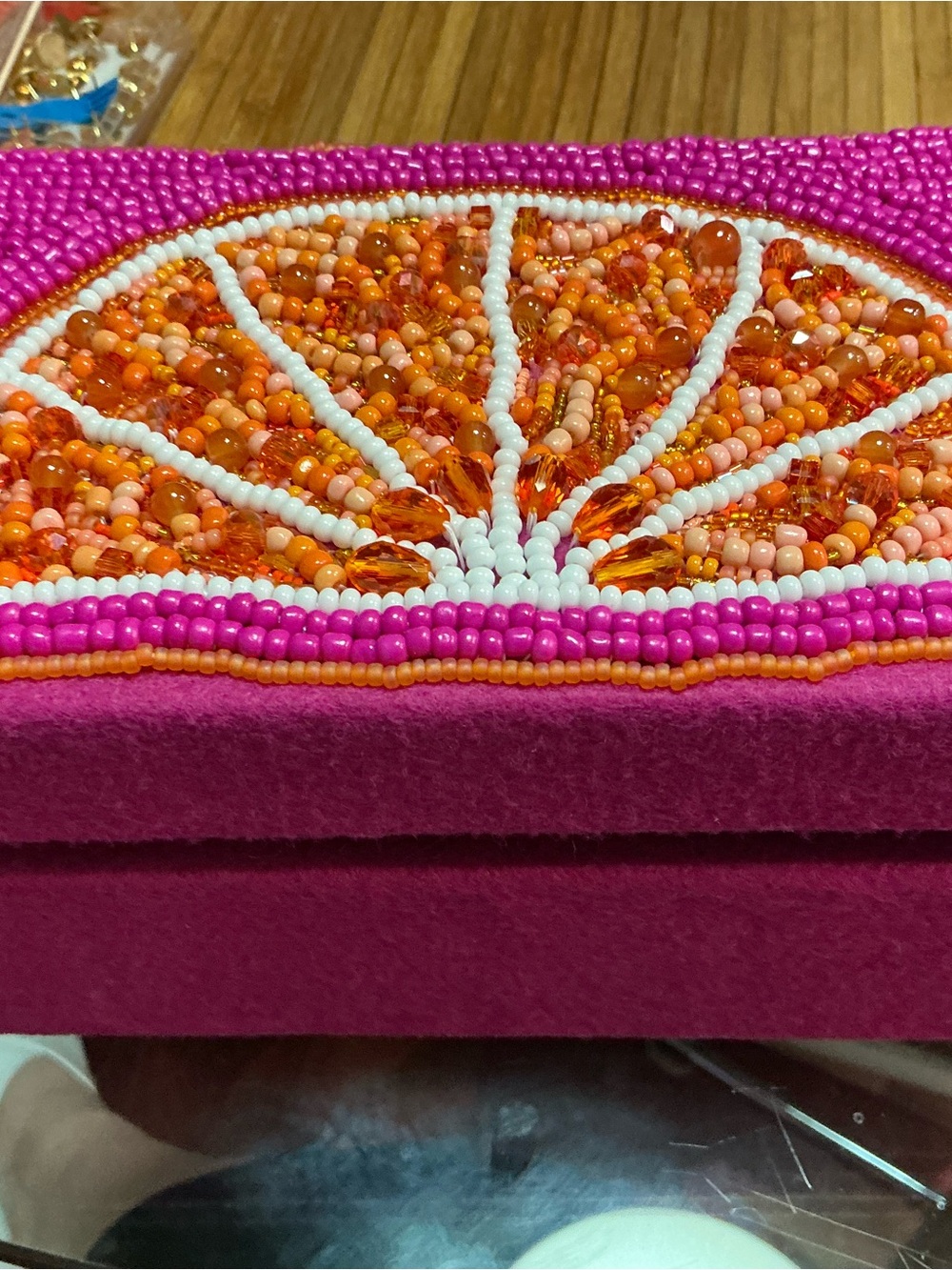 Hand Made One of a Kind Beaded Citrus Slice Keepsake Box in Hot Pink and Orange